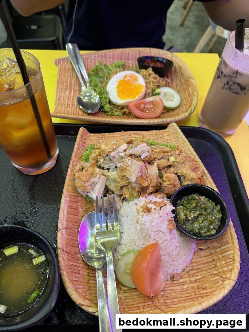 Two plates of food with drinks on a yellow table.