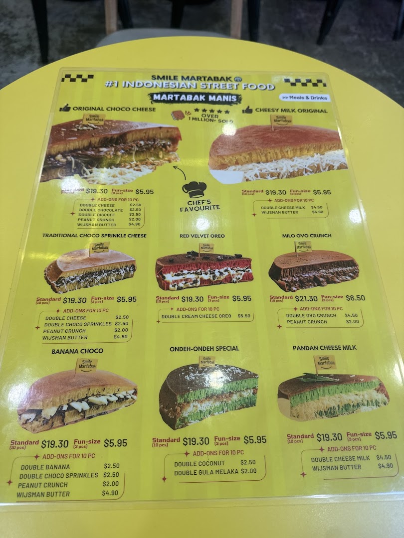 A menu displaying various martabak flavors with prices and images.