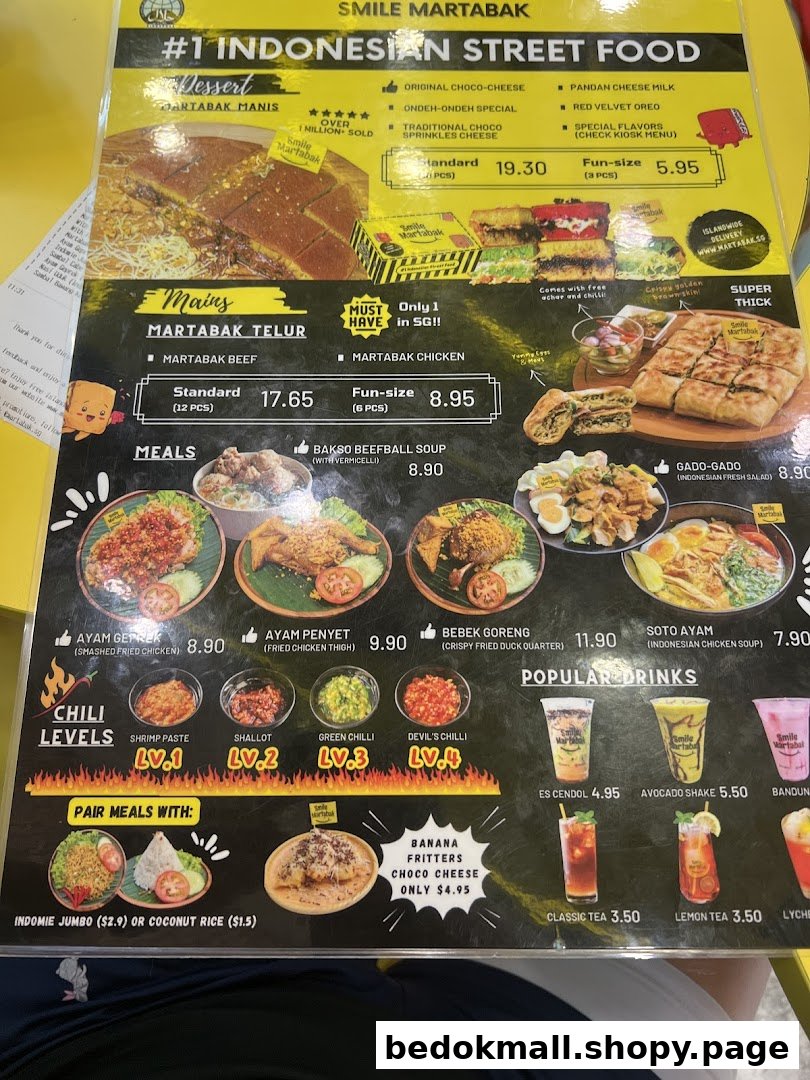 A detailed menu board displaying Indonesian street food, desserts, meals, and drinks.