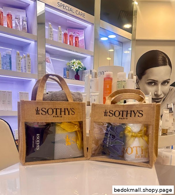 Sothys branded product bags displayed in a salon interior.