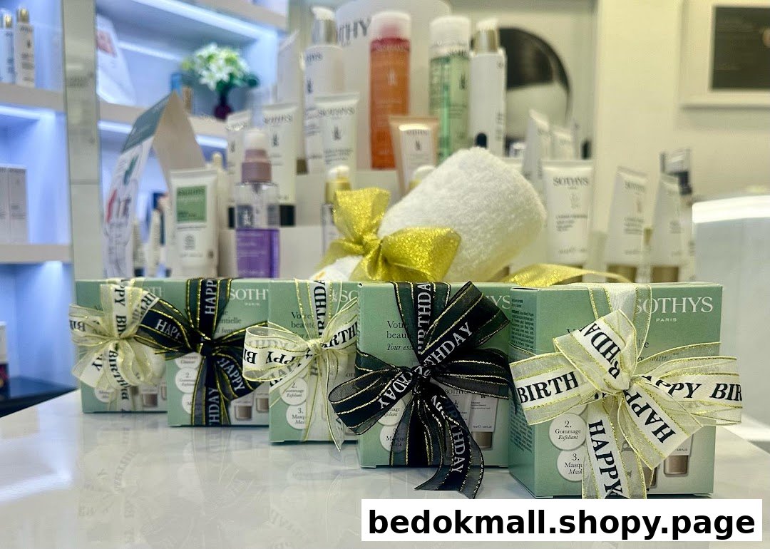 Gift-wrapped Sothys skincare products on display inside a salon.