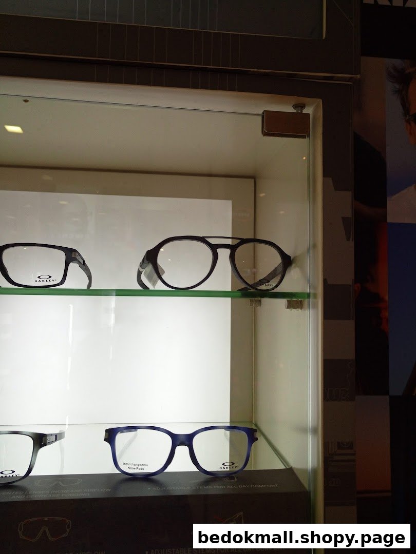 Eyeglasses displayed in a glass cabinet inside the shop.