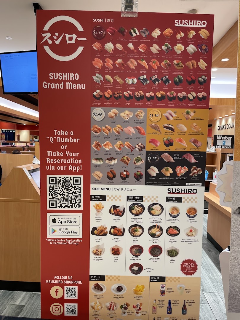 A large menu board for Sushiro restaurant displaying various food and drink items.
