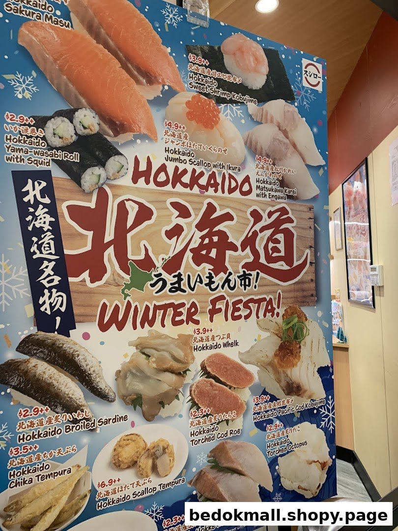 A promotional menu board for Sushiro Bedok Mall featuring Hokkaido Winter Fiesta.