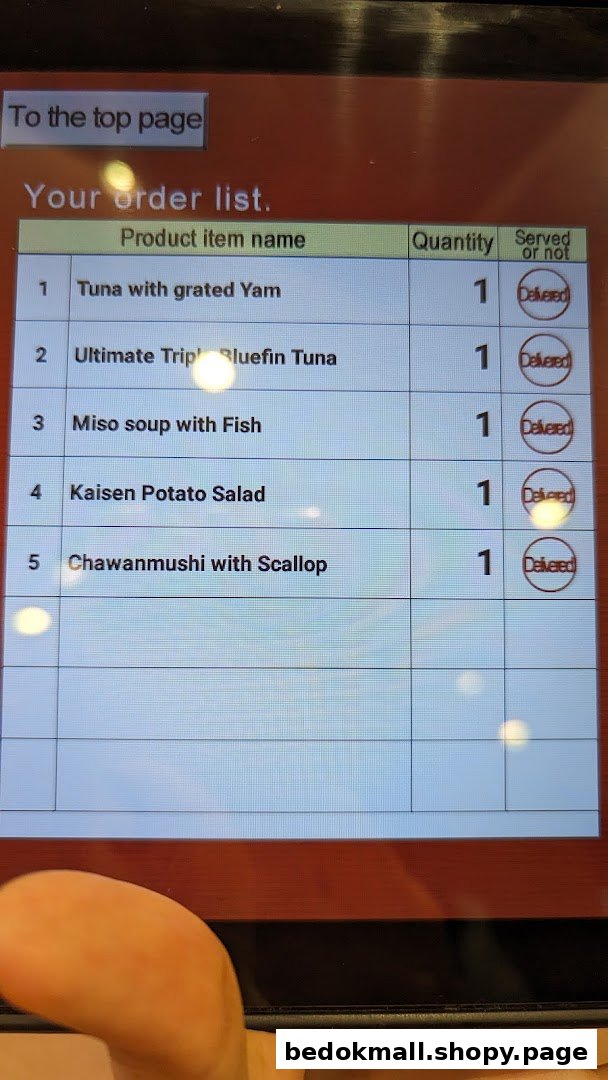 Digital screen showing a customer's order list with items and delivery status.