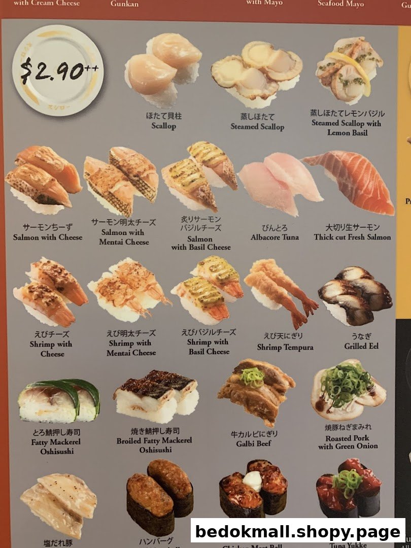 A detailed menu displaying various sushi and food items with prices.