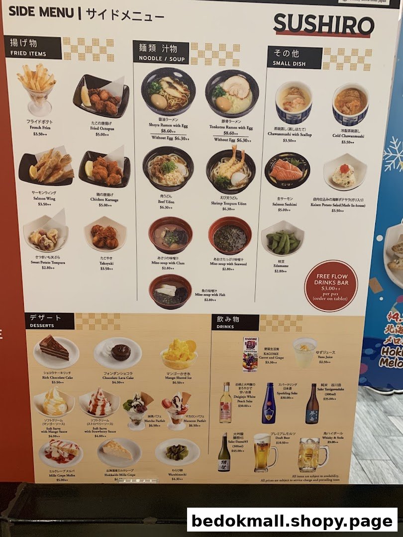 A detailed menu board from Sushiro, showcasing a variety of Japanese side dishes, noodles, desserts, and drinks.