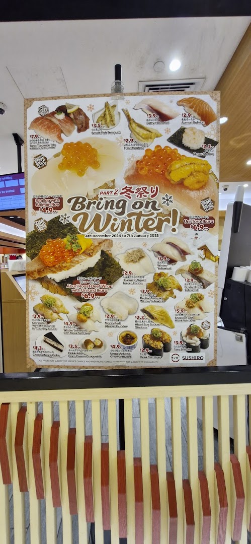 A promotional menu board for Sushiro's 'Bring on Winter!' special, featuring various sushi, sashimi, and side dishes.