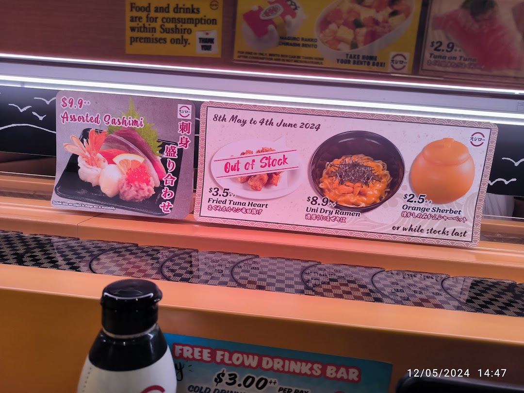 Image shows various food menus and prices at Sushiro.