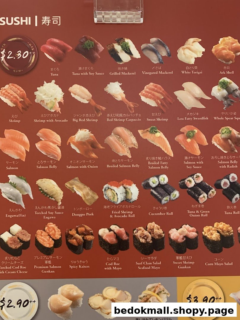 A detailed menu displaying various sushi items with prices.