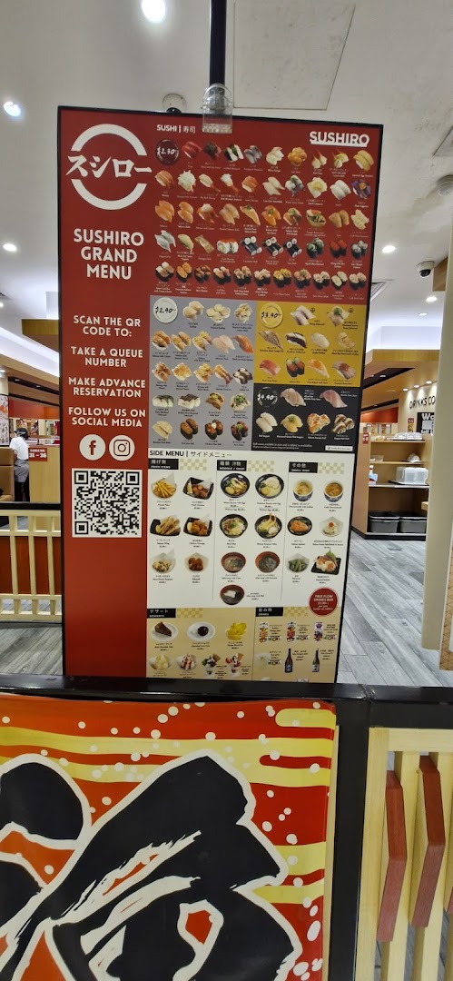 Large red menu board for Sushiro, displaying various sushi and side dishes.