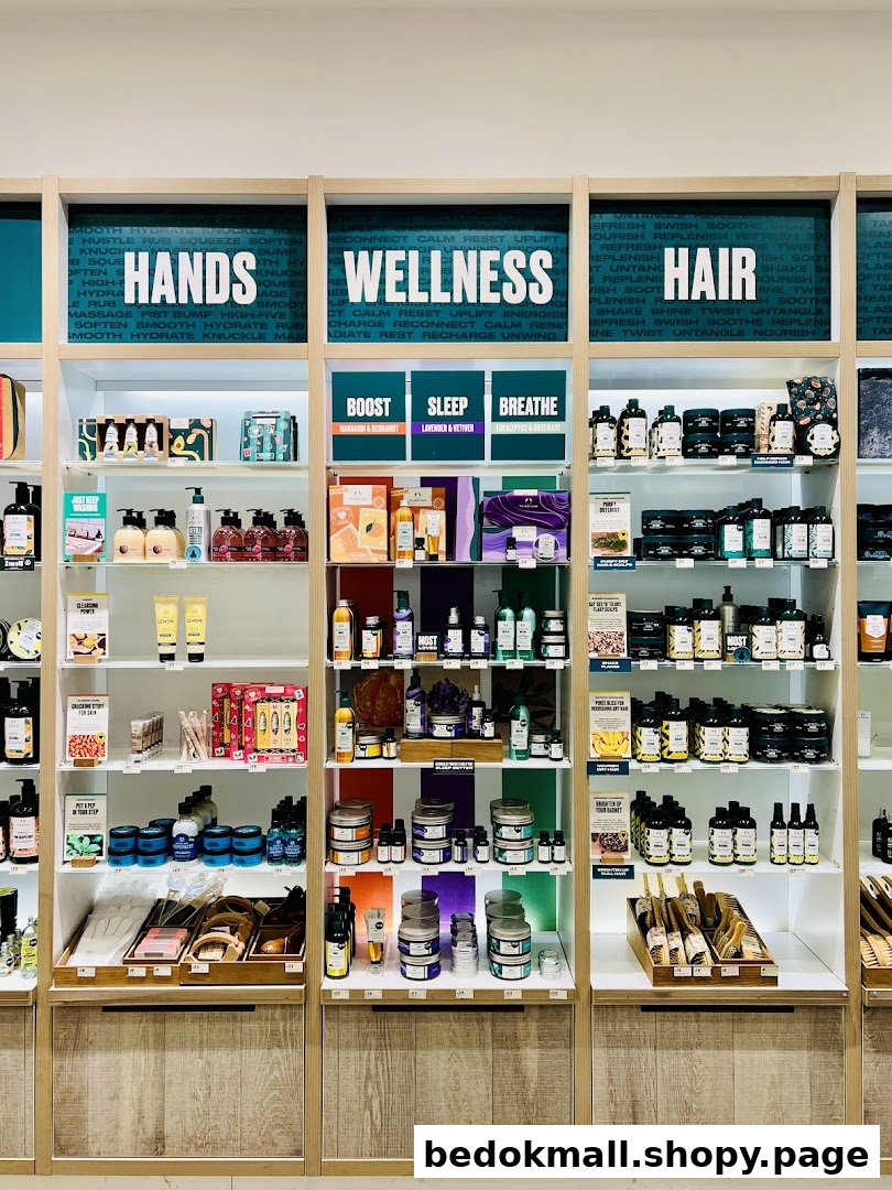 Interior view of The Body Shop displaying various beauty and wellness products on shelves.