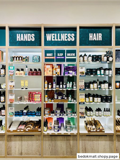 Shelves displaying various beauty and wellness products in a retail store.