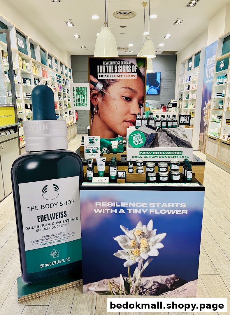 Interior shop display featuring Edelweiss skincare products and promotional signage.