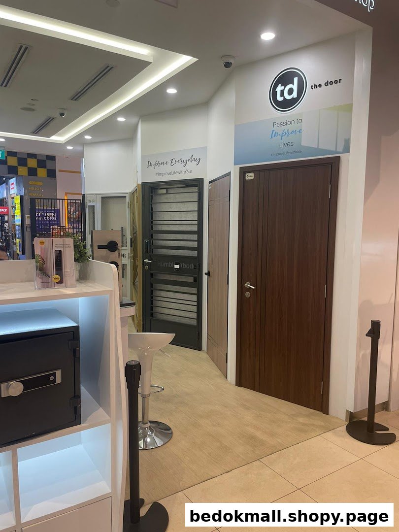 Interior view of a shop displaying various doors, a safe, and branding.