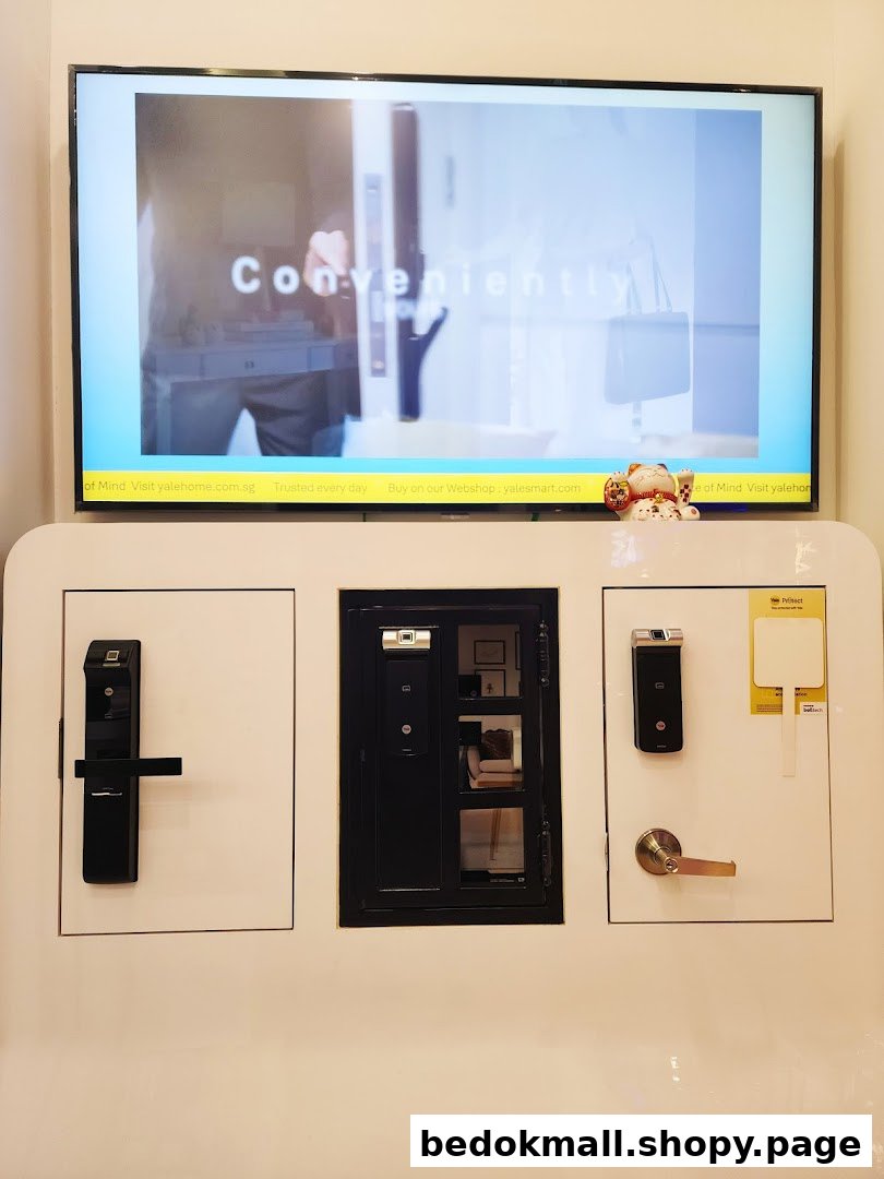Indoor display of door locks and a screen playing a video.