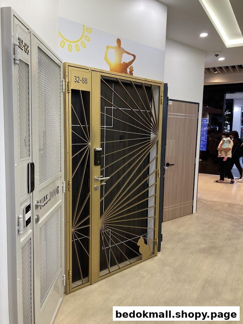 Various doors and security gates displayed in a showroom setting.