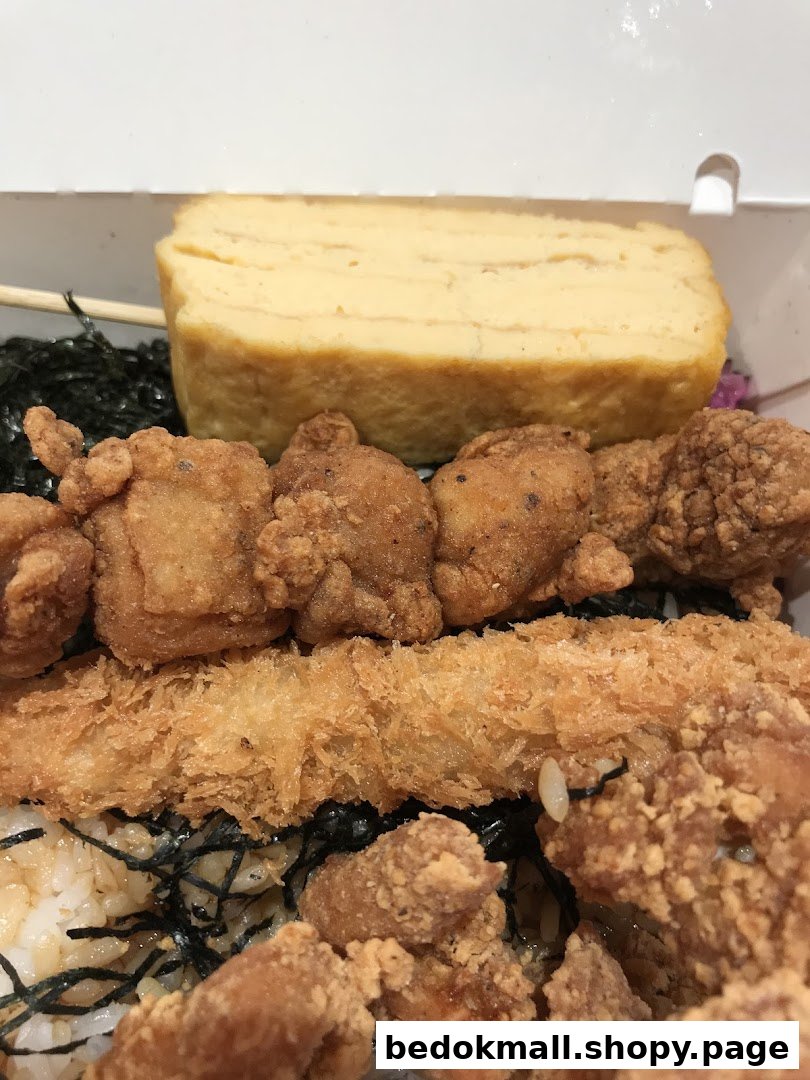 Close-up of a meal with fried chicken, fried cutlet, rice, and omelet.