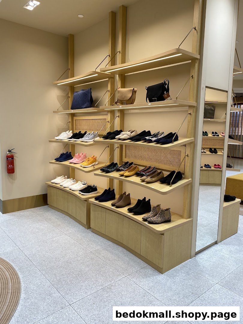 Interior view of a retail shop displaying shoes and handbags on shelves.