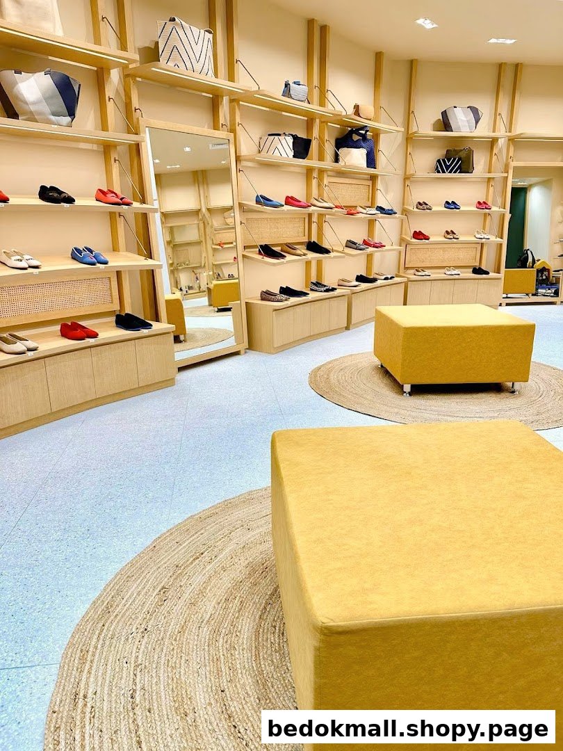 Interior view of a shoe and bag retail shop with display shelves and seating.