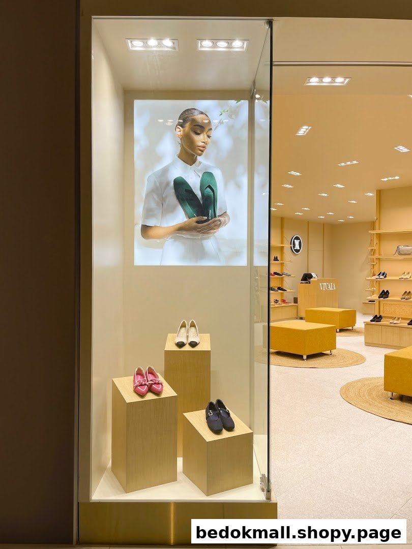 Shop entrance with a display window featuring shoes and a model.
