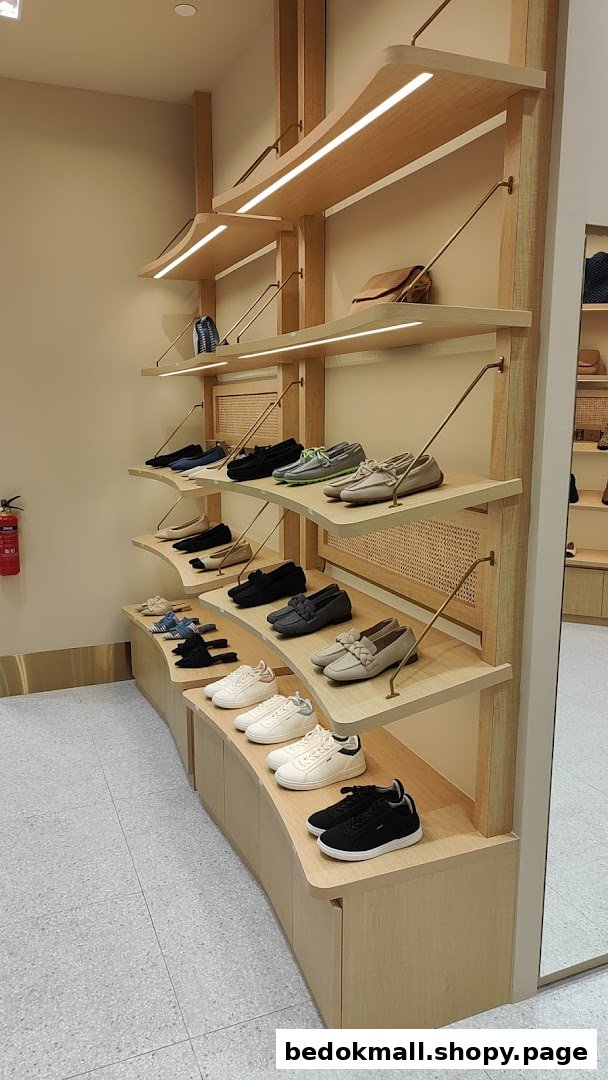 Interior view of a shoe store with multiple pairs of shoes displayed on wooden shelves.