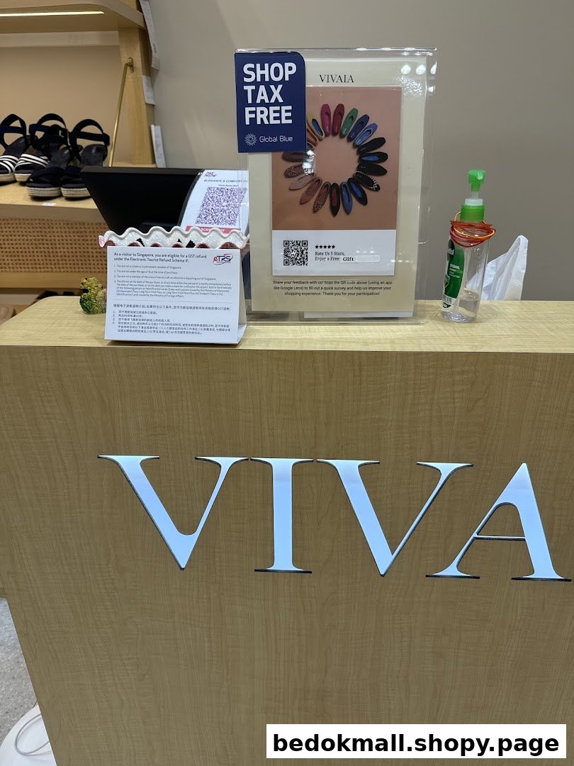 Shop counter with VIVAIA logo, tax-free sign, and shoe display.