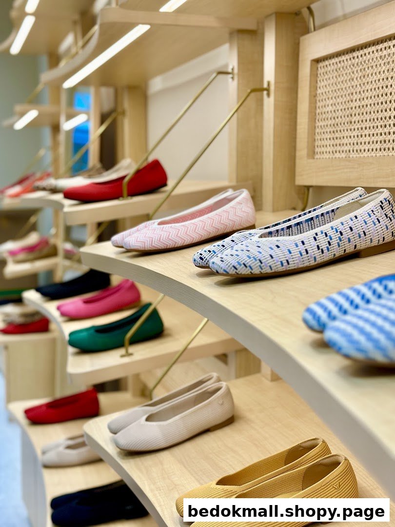 Colorful shoes displayed on wooden shelves inside a retail store.