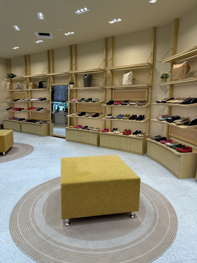 Interior view of a shoe shop with shoes displayed on shelves and seating.