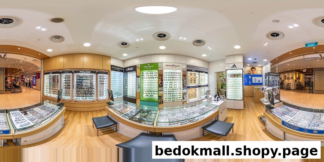 Interior view of an optical shop with display cases and examination equipment.