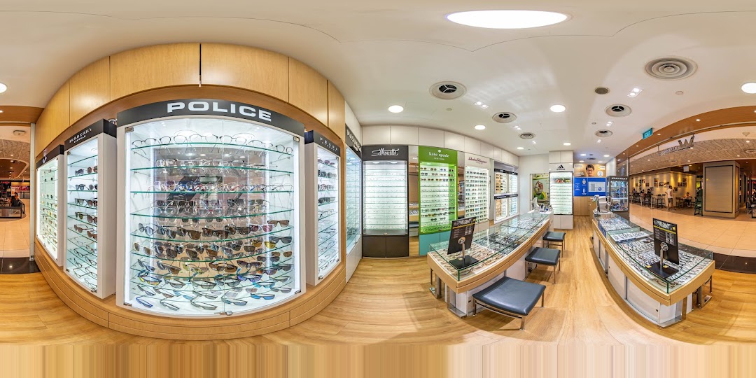 Interior view of an optical shop with numerous eyeglasses and sunglasses on display.
