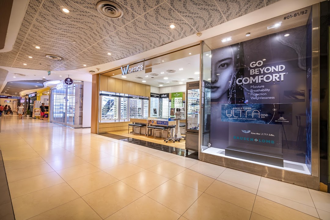 W Optics shop front with display window in a shopping mall.