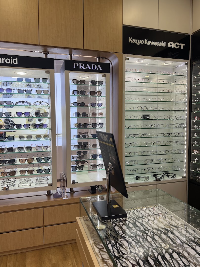 Eyeglasses and sunglasses displayed inside an optics retail store.
