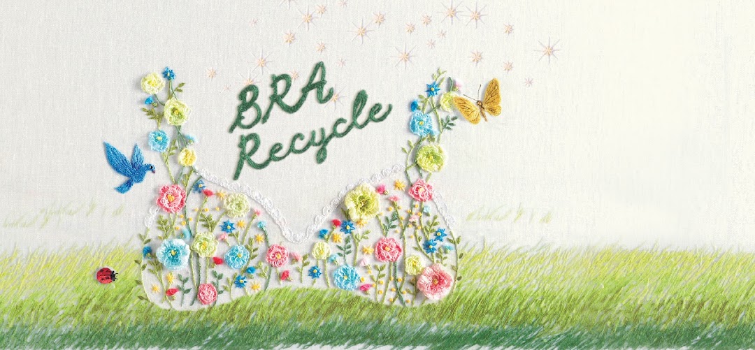 Embroidered bra shape with flowers, 'BRA Recycle' text, and nature elements.