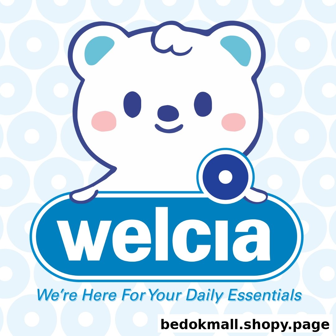 Cartoon bear logo for Welcia with slogan 'We're Here For Your Daily Essentials'.