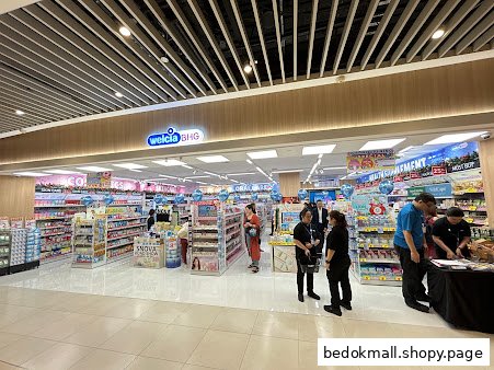View of Welcia BHG shop entrance with products and staff inside.
