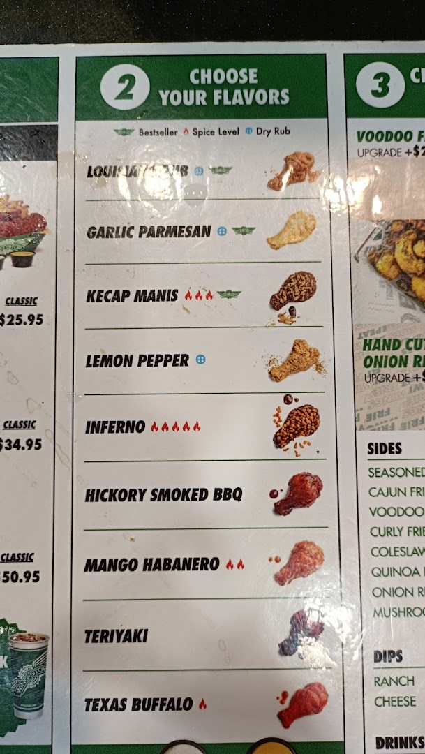 A close-up view of Wingstop's menu, showcasing their diverse chicken wing flavors and side options.