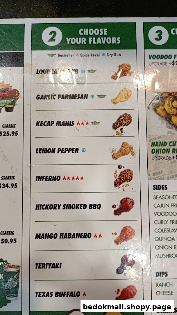 A close-up view of Wingstop's menu, showcasing their diverse chicken wing flavors and side options.