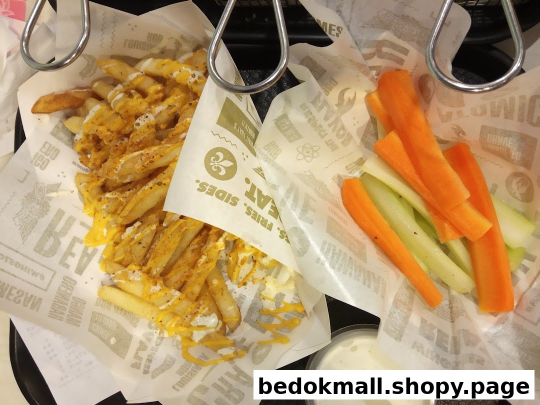 Cheesy fries, carrot and celery sticks with dip in branded containers.
