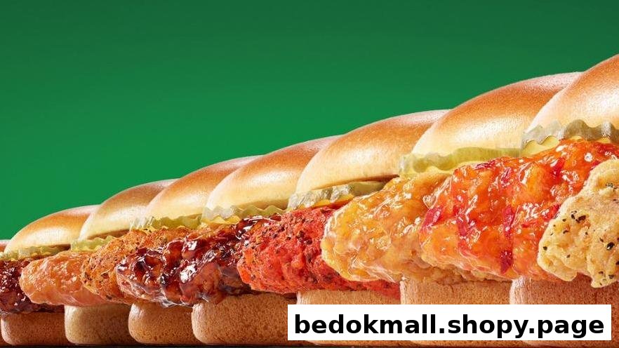 A row of various chicken sandwiches/sliders with different toppings on a green background.