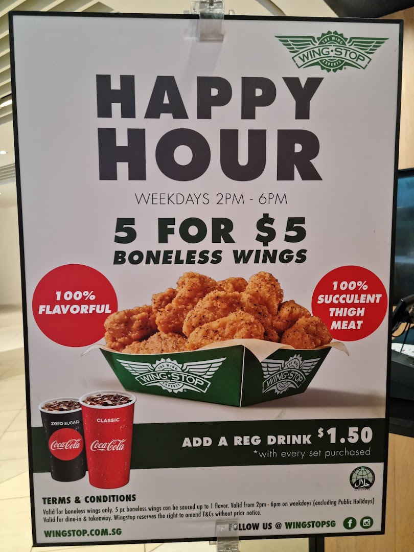 Wingstop Happy Hour poster for boneless wings and drink promotion.