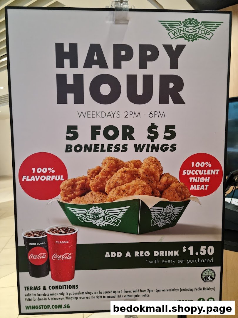 Wingstop Happy Hour poster for boneless wings and drink promotion.