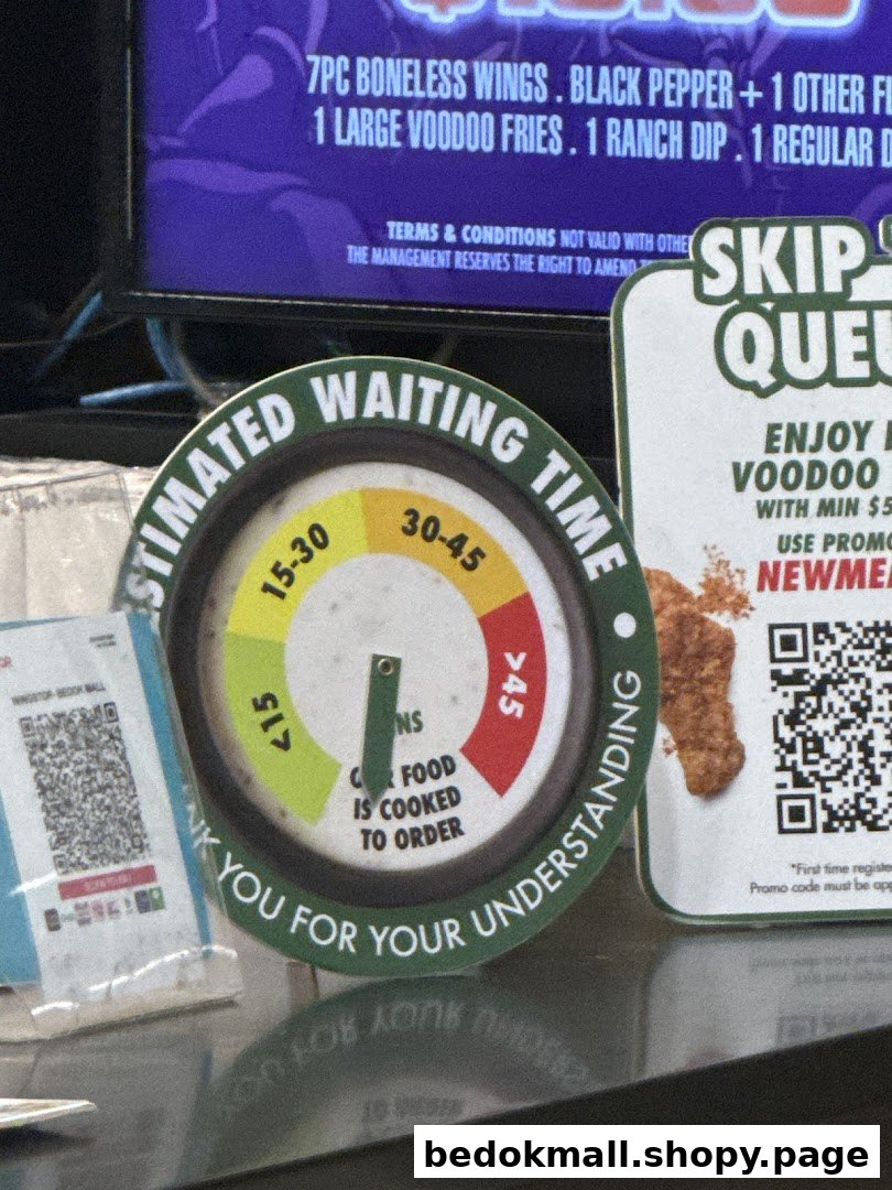 Estimated waiting time sign, partial menu screen, and QR codes inside a shop.