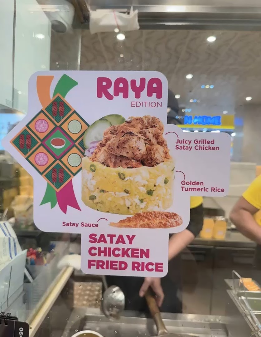 Promotional sign for Raya Edition Satay Chicken Fried Rice with dish image.