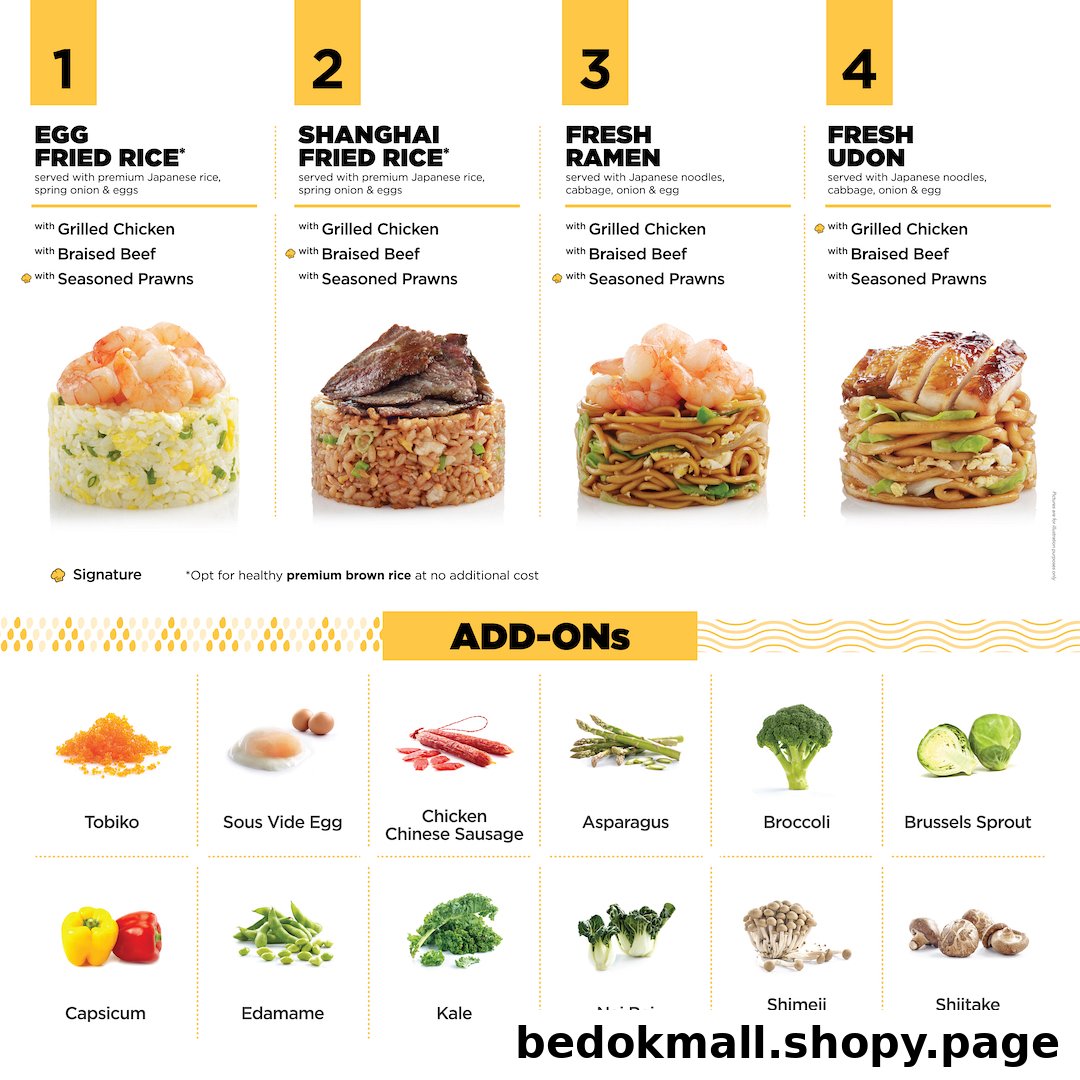 Menu displaying various fried rice, noodles, and add-on options.