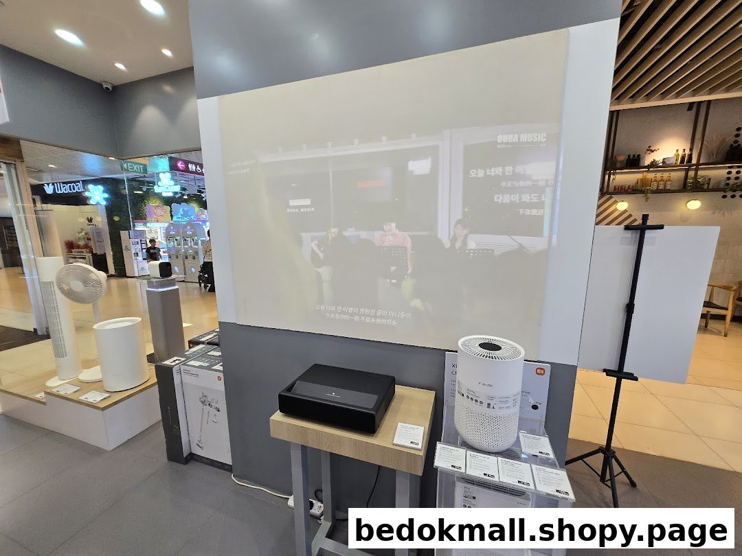 Interior view of a shop displaying electronics, including a projector and air purifiers.