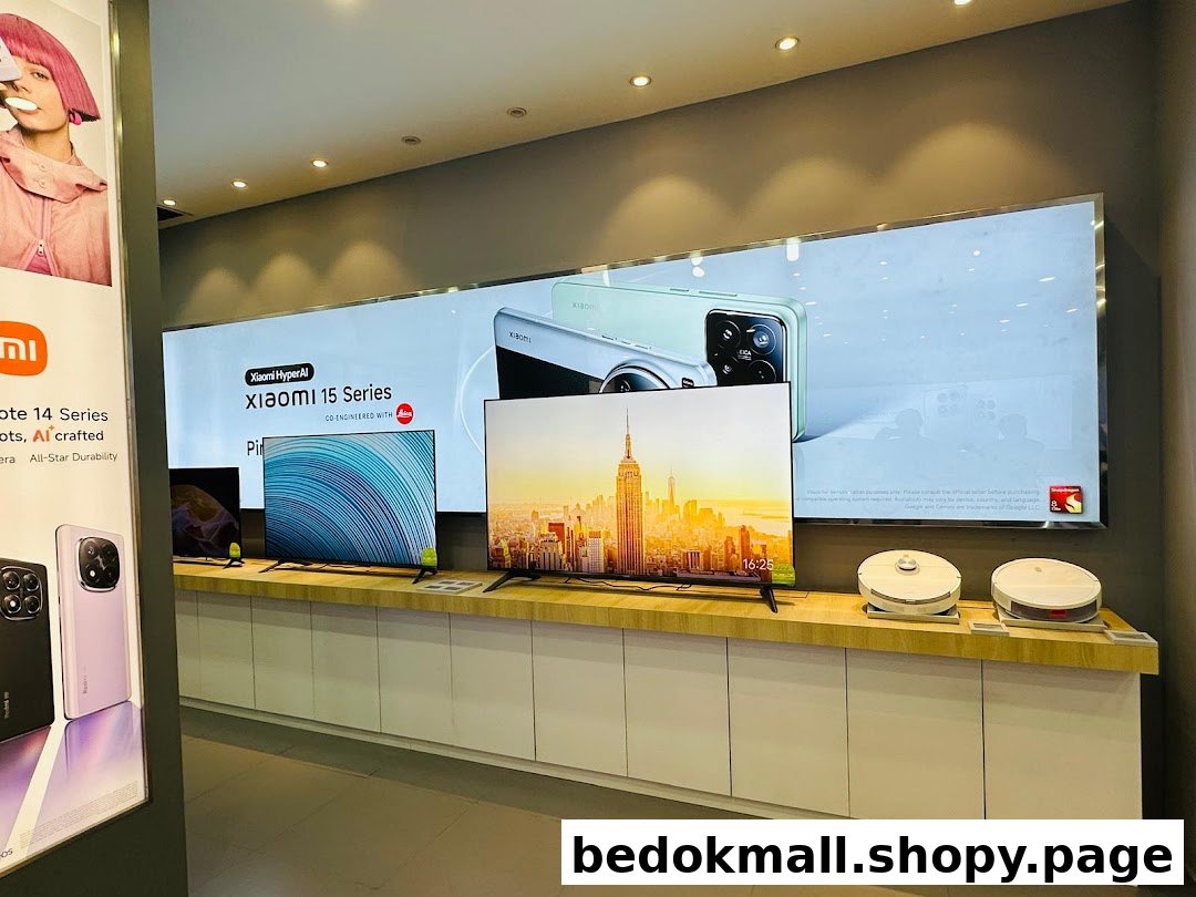 Interior view of a Xiaomi store displaying TVs, phones, and robot vacuums.