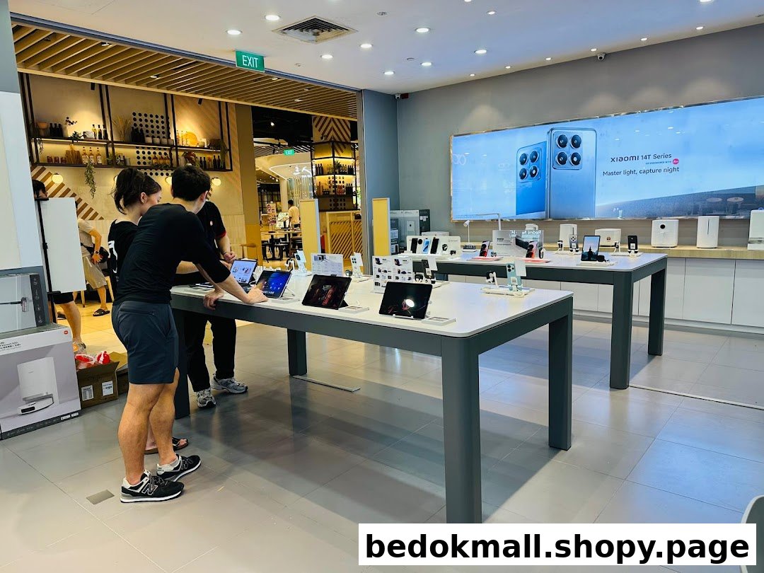 Interior view of a Xiaomi store with customers browsing products on display tables.