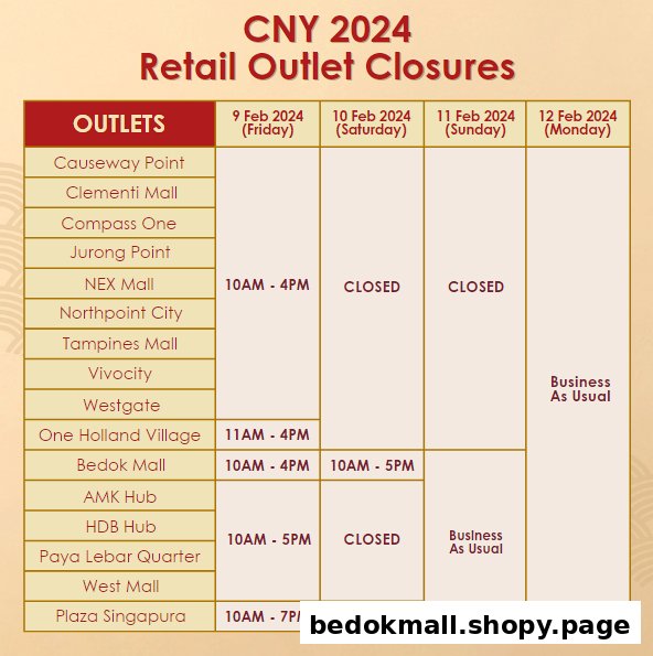 Table showing CNY 2024 retail outlet closures and operating hours.