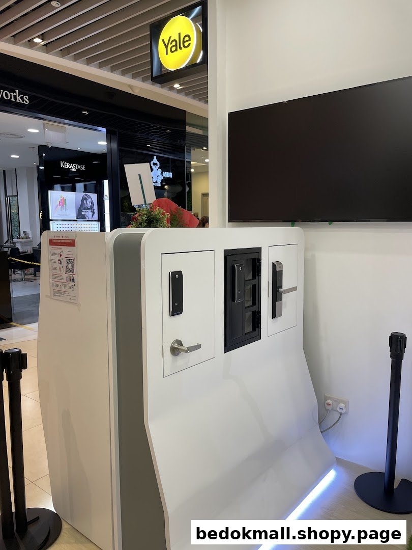 An interior display stand showcasing Yale smart locks with a brand sign overhead.